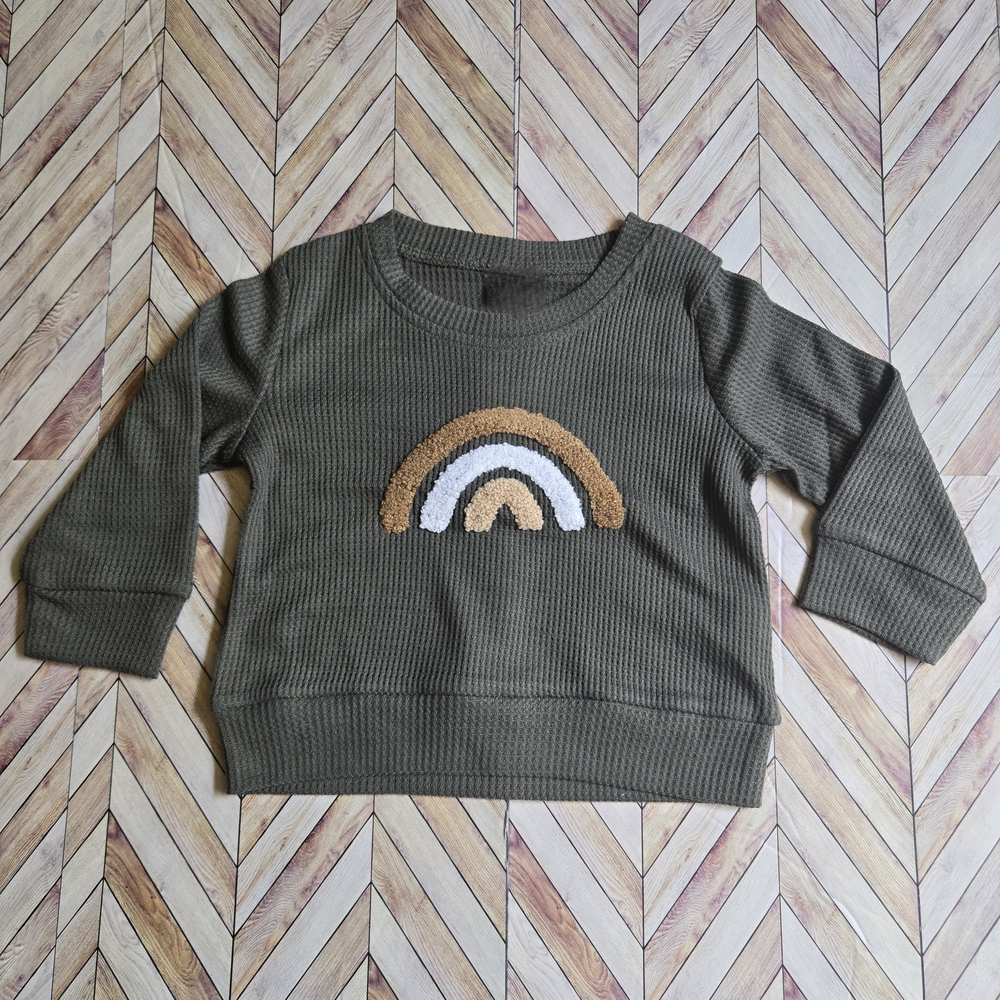 Olive Green Waffle Knit Rainbow Sweater Baby Boy Girl Long Sleeve Crewneck 9-12M
